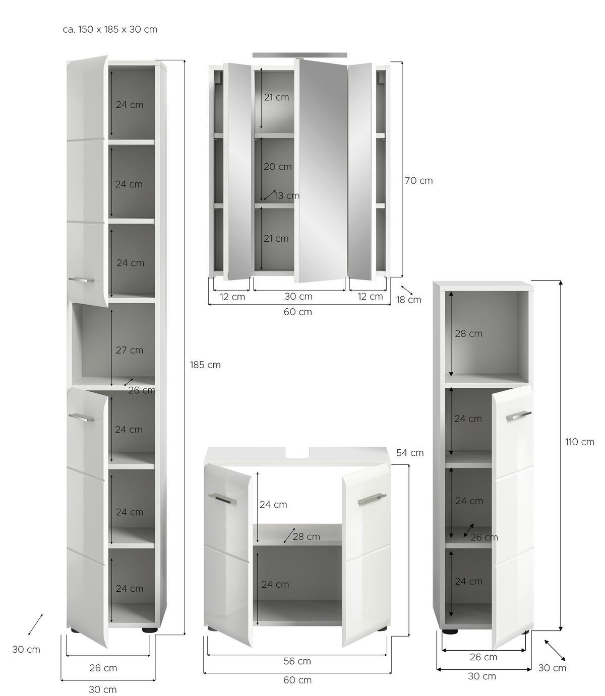 BADEZIMMER 4-teilig  in 120 cm  - Weiß Hochglanz/Silberfarben, MODERN, Holzwerkstoff/Kunststoff (120cm) - MID.YOU