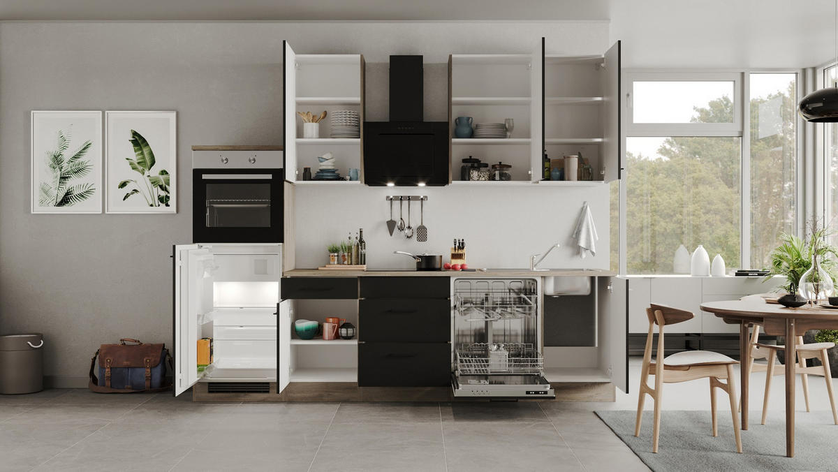 KUCHYNSKÁ LINKA CAPRI 280 - čierna/farba duba, Konventionell, kov/kompozitné drevo (280cm) - FlexWell