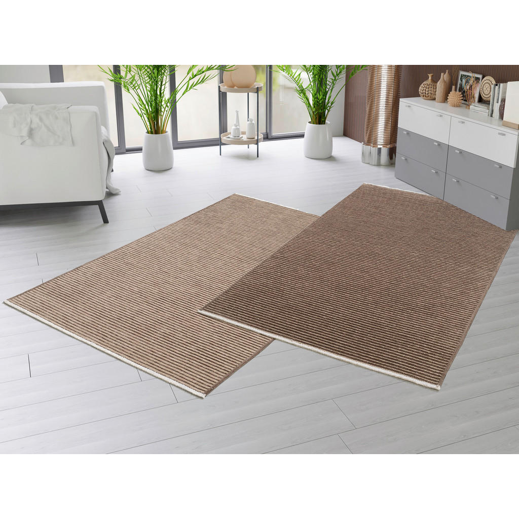Thumbnail - Novel Flachwebeteppich, Braun, Beige, Textil, Streifen, rechteckig, 120x180 cm, für Fußbodenheizung geeignet, Teppiche &...