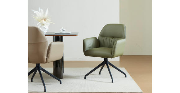 ARMLEHNSTUHL  Sitzfläche 360° drehbar, automatische Rückholfunktion  Echtleder  - Schwarz/Hellgrün, Design, Leder/Metall (62/89/63cm) - Dieter Knoll