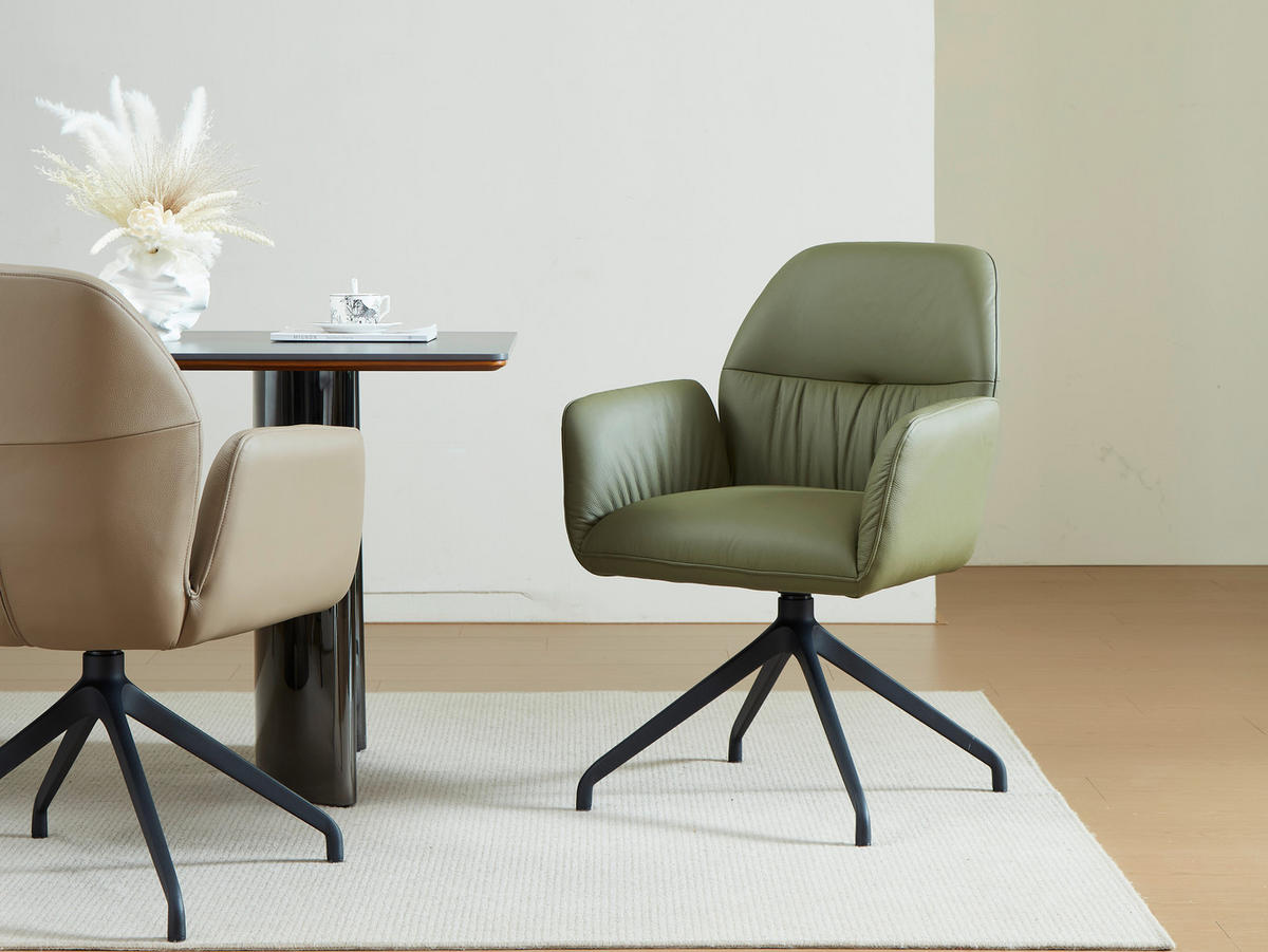 ARMLEHNSTUHL  Sitzfläche 360° drehbar, automatische Rückholfunktion  Echtleder  - Schwarz/Hellgrün, Design, Leder/Metall (62/89/63cm) - Dieter Knoll
