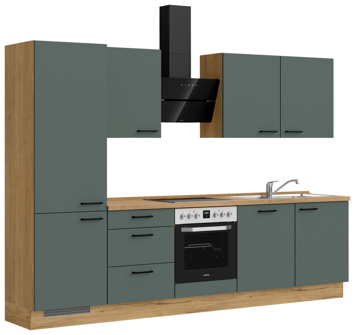 KÜCHENBLOCK 300 cm   in Eichefarben, Dunkelgrün  - Dunkelgrün/Eichefarben, MODERN, Holzwerkstoff/Metall (300cm) - Nobilia