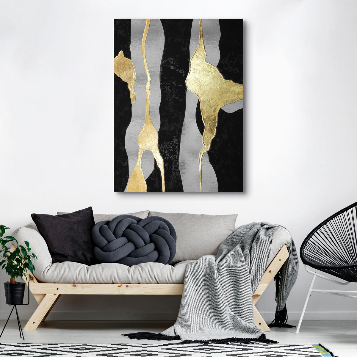 ÖLGEMÄLDE Abstraktes, Strukturen, orientalisch 88/118 cm  - Goldfarben/Grauweiß, LIFESTYLE, Holzwerkstoff/Textil (88/118cm) - Monee