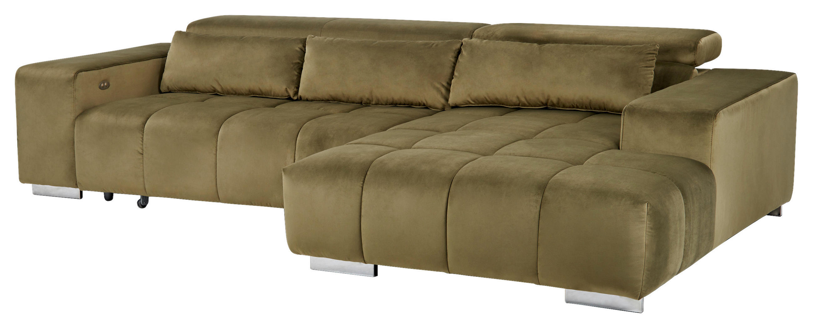 ECKSOFA Olivgrün Velours  - Silberfarben/Olivgrün, KONVENTIONELL, Textil/Metall (307/186cm) - Livetastic