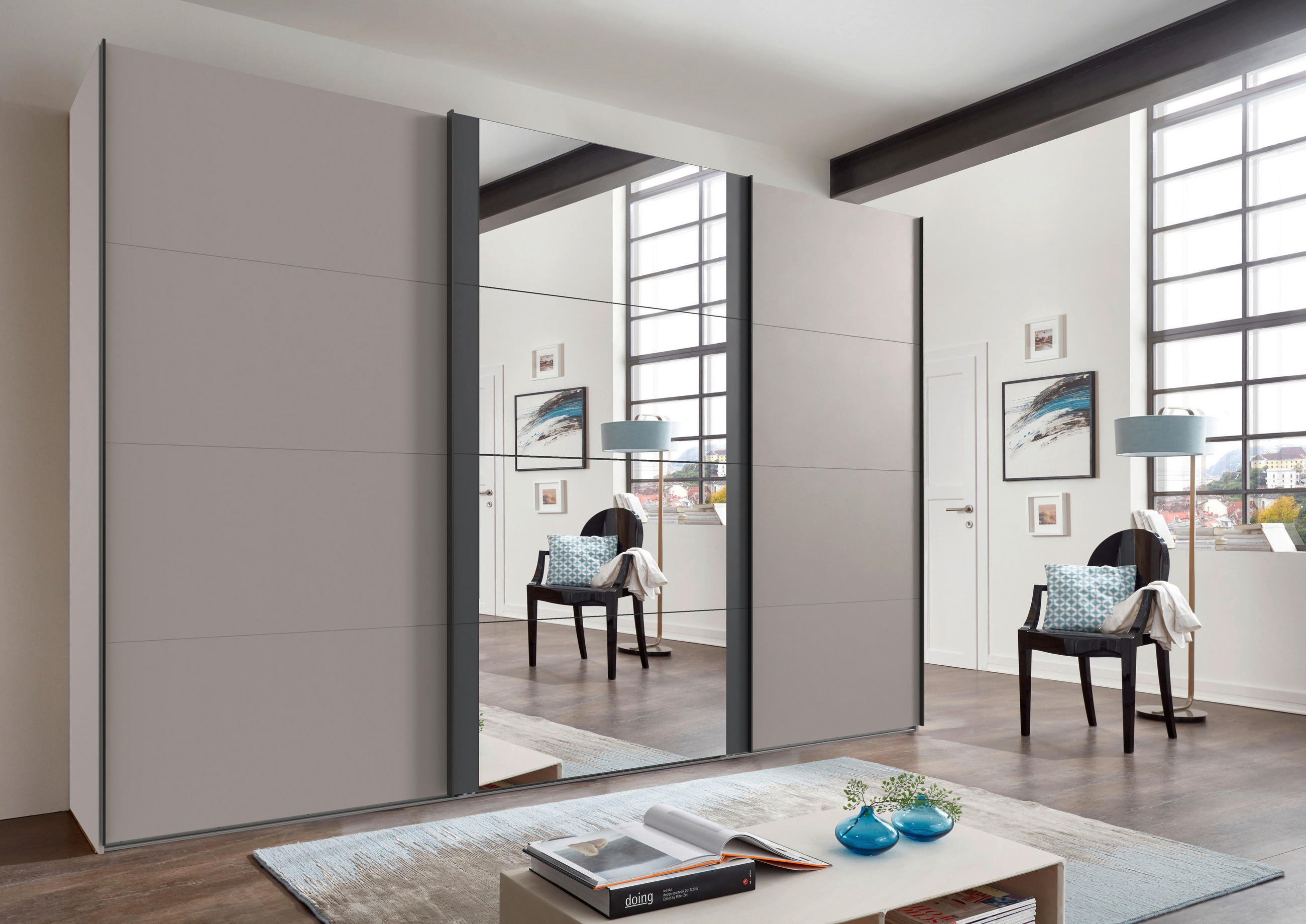 SCHWEBETÜRENSCHRANK  in Graphitfarben, Sahara  - Schwarz/Graphitfarben, KONVENTIONELL, Glas/Holzwerkstoff (360/236/64cm) - Carryhome