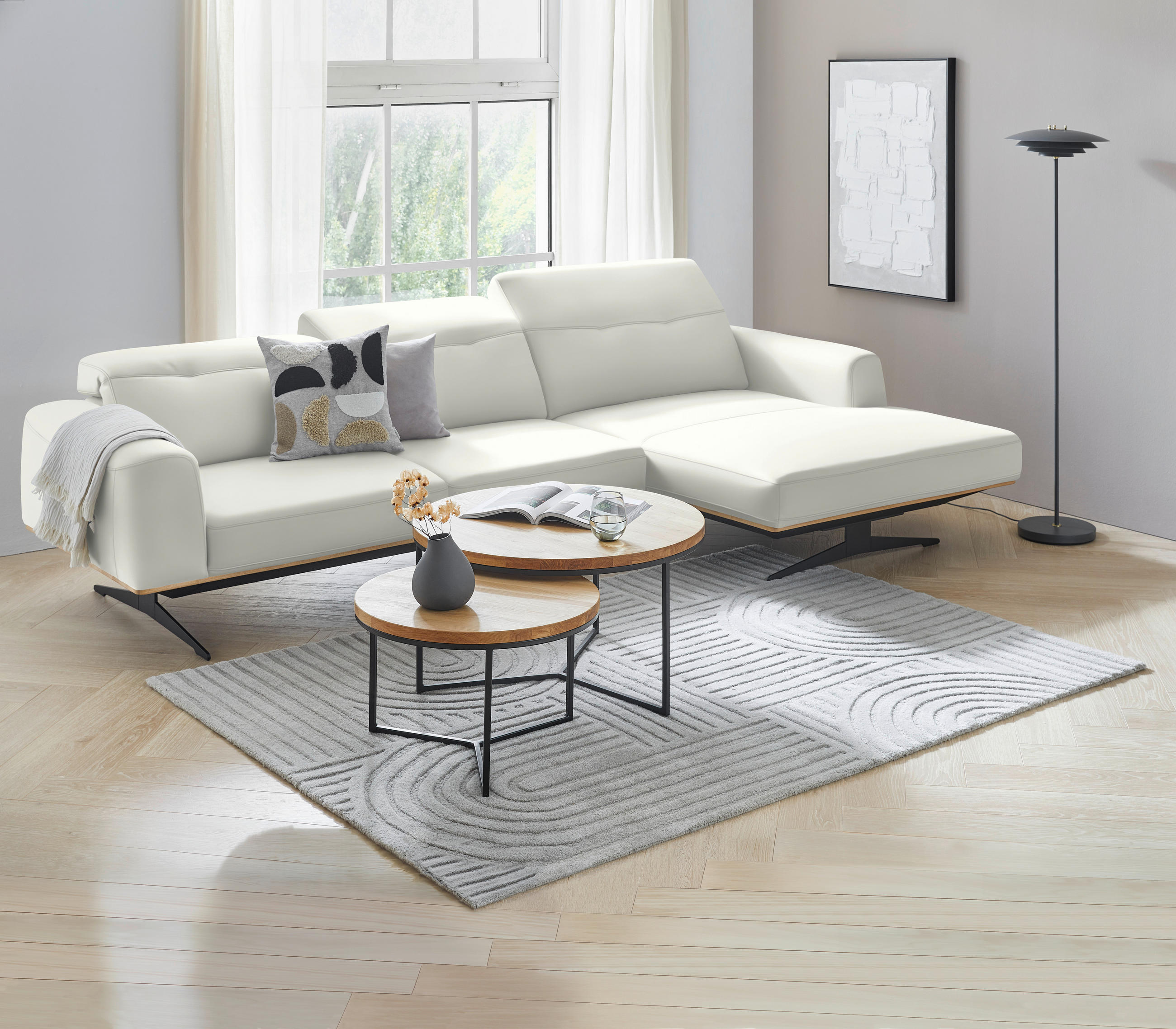 ECKSOFA in Echtleder Weiss  - Weiss/Eichefarben, Design, Leder/Holz (305/163cm) - Novel
