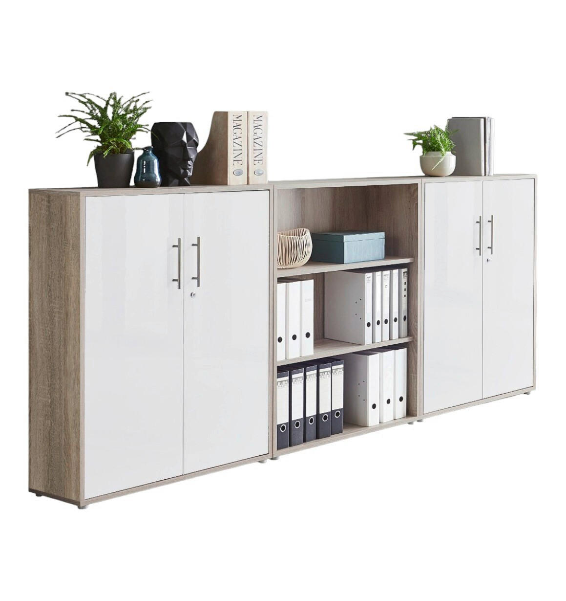 Mid.you Aktenschrank Office Edition - SW Set 9 Weiß, Sonoma Eiche 253x114x33 cm