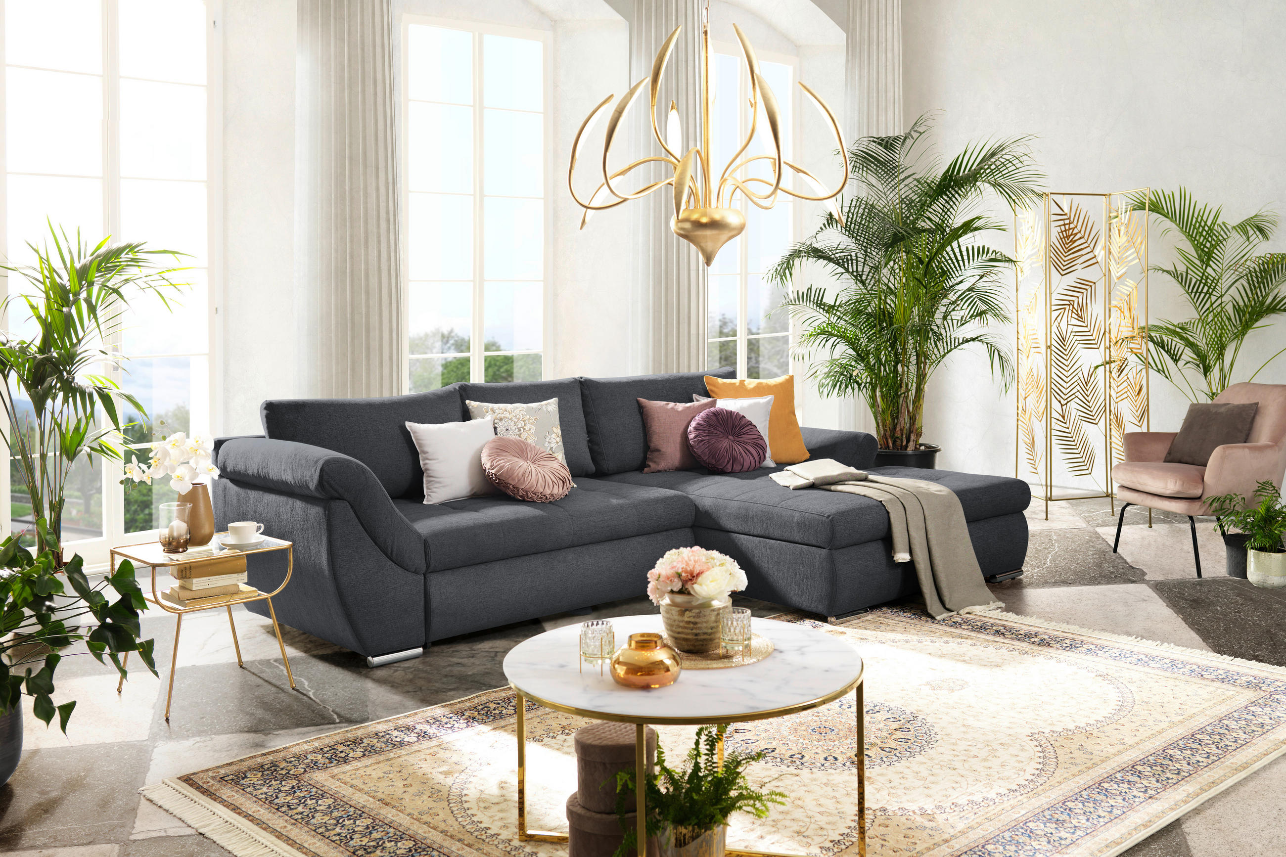 ECKSOFA Graphitfarben Flachgewebe  - Silberfarben/Graphitfarben, Design, Textil/Metall (306/174cm) - Carryhome
