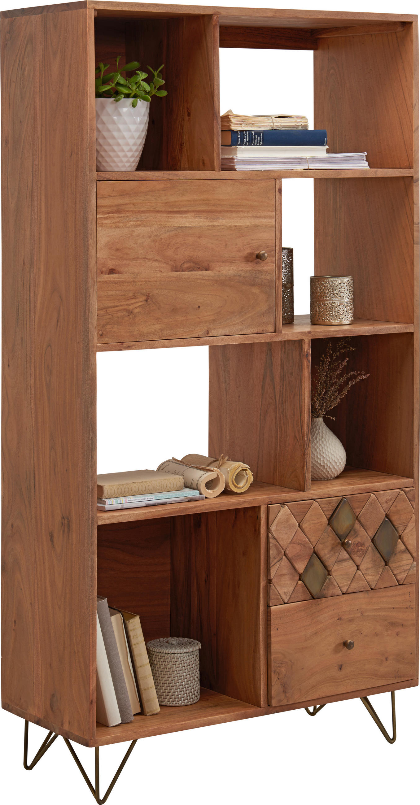 Ambia Home REGÁL, farba akácie, bronzová, oceľ, akácia, 80/155/35 cm.
