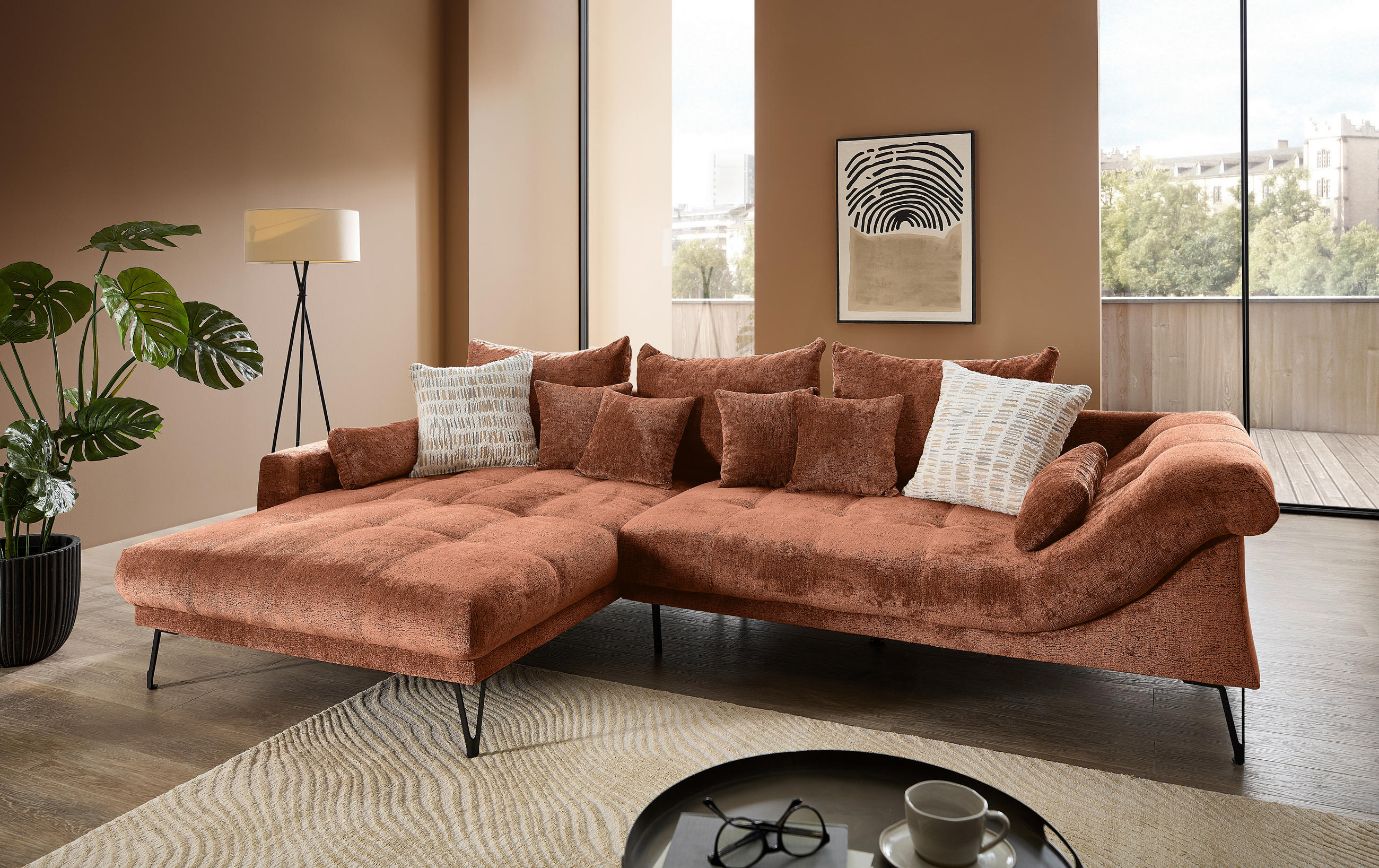 ECKSOFA GARDA Rostfarben Chenille Zierkissen, Rückenkissen, Nierenkissen, Rücken echt  - Rostfarben/Schwarz, KONVENTIONELL, Textil/Metall (192/310cm) - Livetastic
