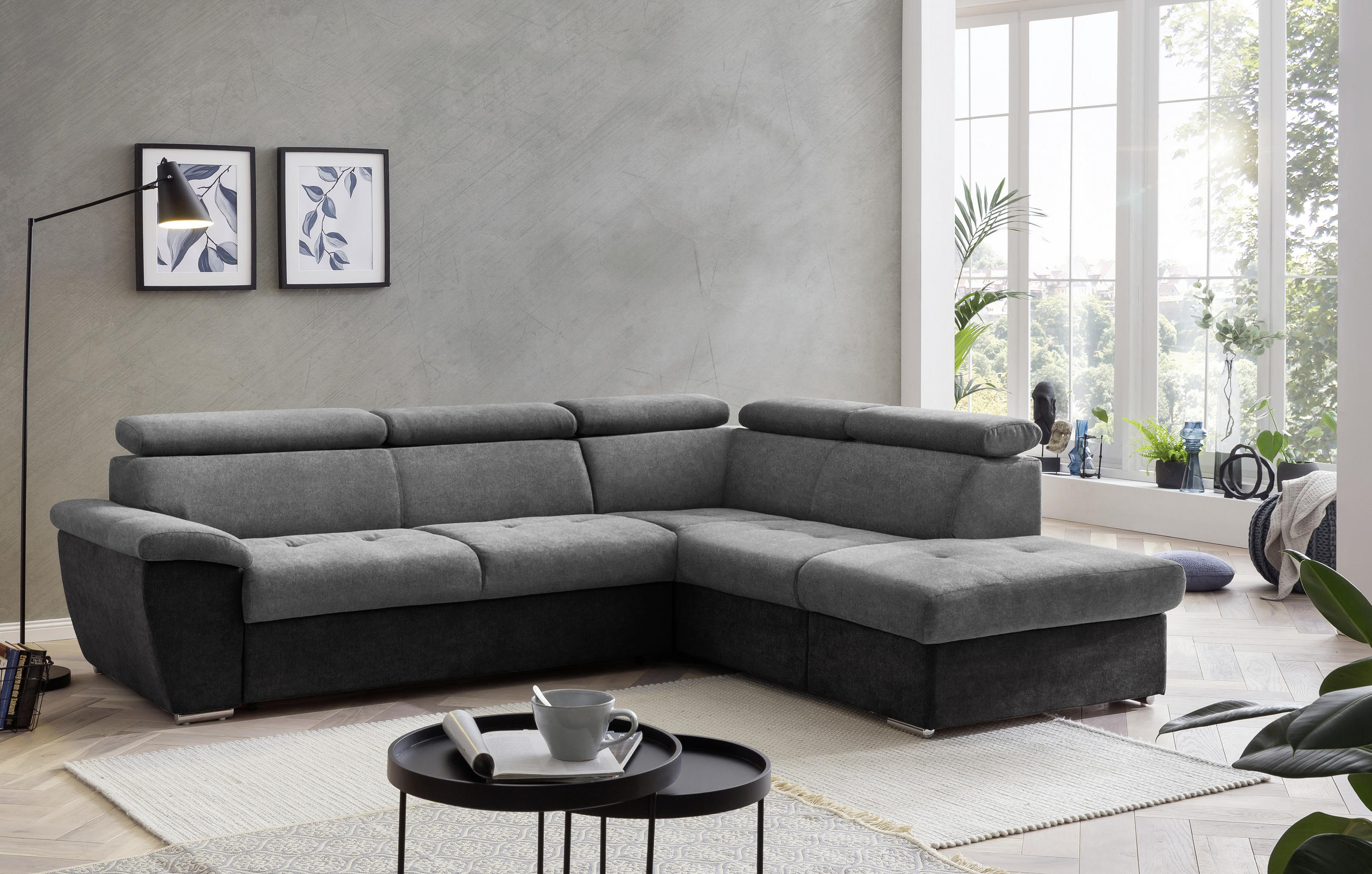 ECKSOFA in Mikrofaser Schwarz, Dunkelgrau  - Chromfarben/Dunkelgrau, Design, Textil/Metall (262/216cm) - Livetastic