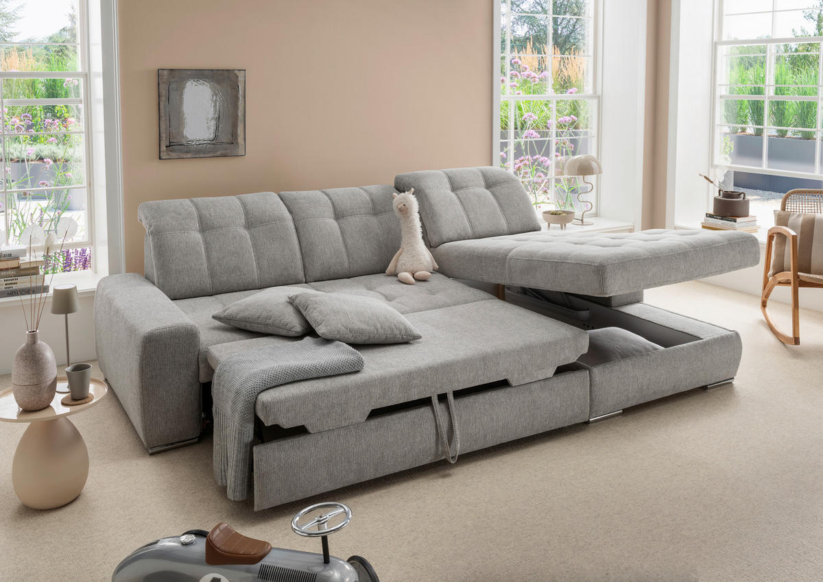 ECKSOFA Chenille Grau  - Chromfarben/Grau, Konventionell, Textil/Metall (283/186cm) - Livetastic