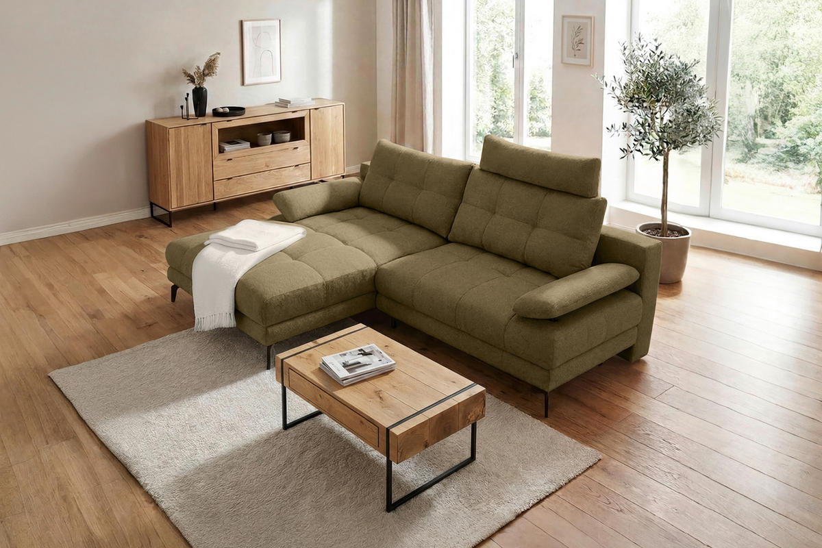 ECKSOFA Olivgrün Struktur Rückenkissen, Bettkasten, Schlaffunktion, Rücken echt, Armteilverstellung, Liegefläche im Originalstoff  - Beige/Schwarz, MODERN, Textil/Metall (181/263cm) - Carryhome