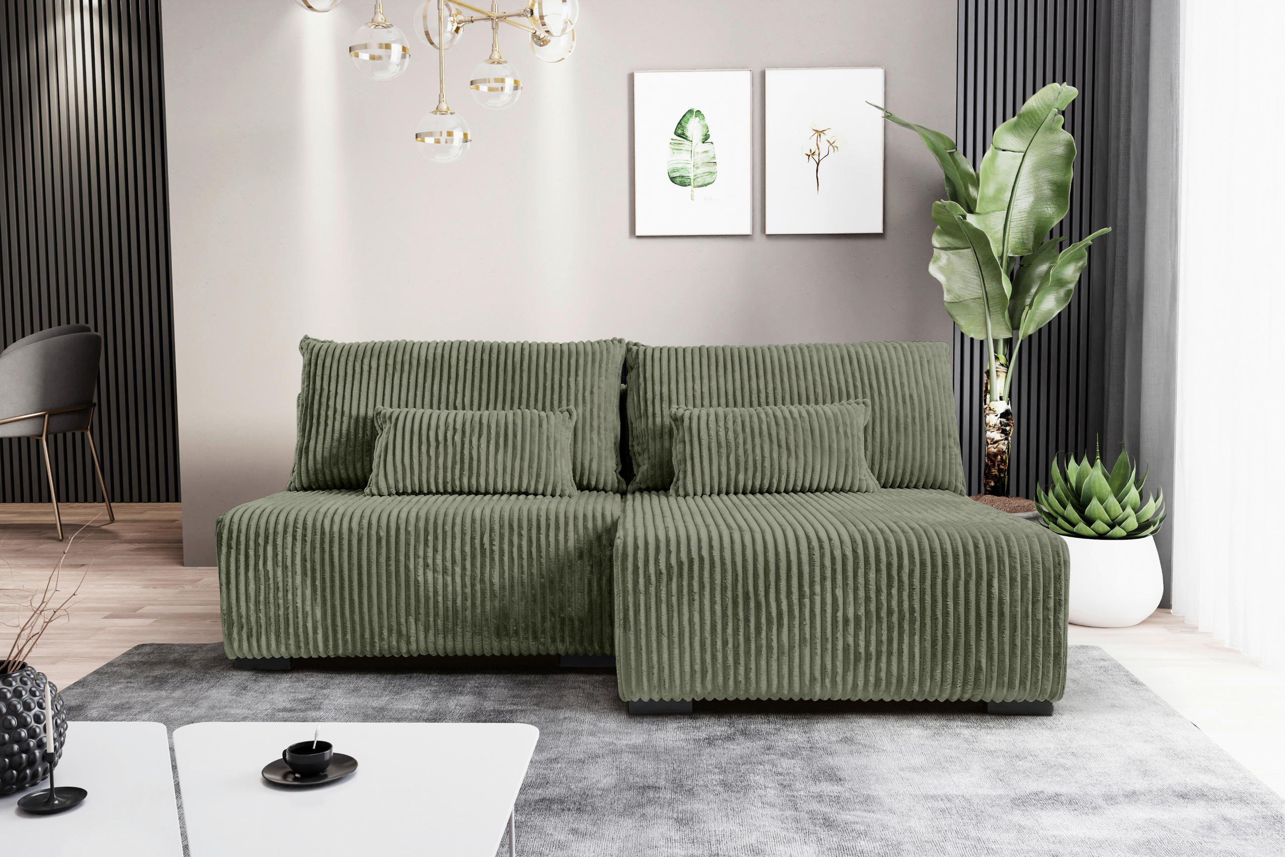 Thumbnail - Carryhome Ecksofa, Olivgrün, Textil, Buche, Hartholz, 3-Sitzer, Füllung: Polyurethan (PUR),Polyurethan (Pur), Ottomane r...