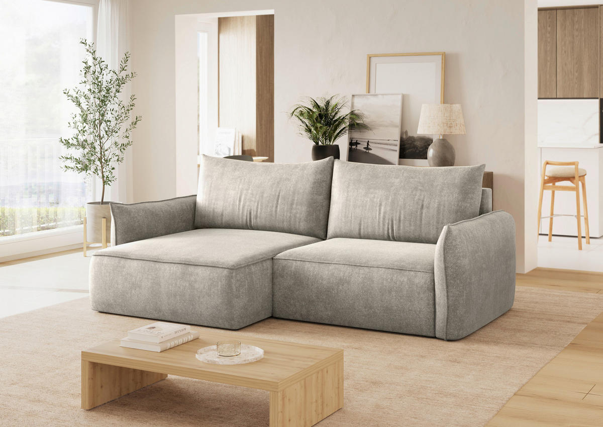 ECKSOFA Beige Struktur Rückenkissen, Bettkasten, Schlaffunktion, Rücken echt, Liegefläche im Originalstoff  - Beige/Schwarz, KONVENTIONELL, Kunststoff/Textil (148/266cm) - Milino