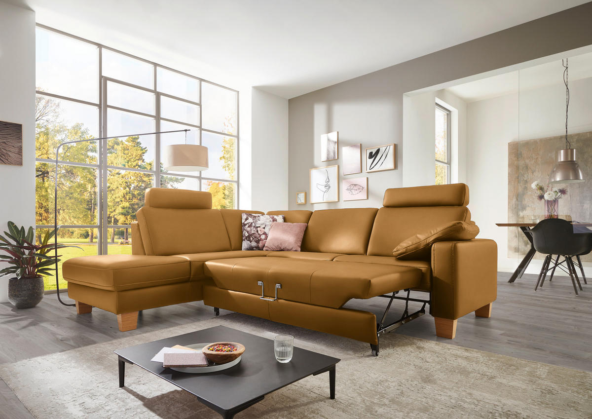 ECKSOFA in Echtleder Senfgelb  - Eiche Bianco/Senfgelb, Konventionell, Leder/Holz (235/257cm) - Valdera