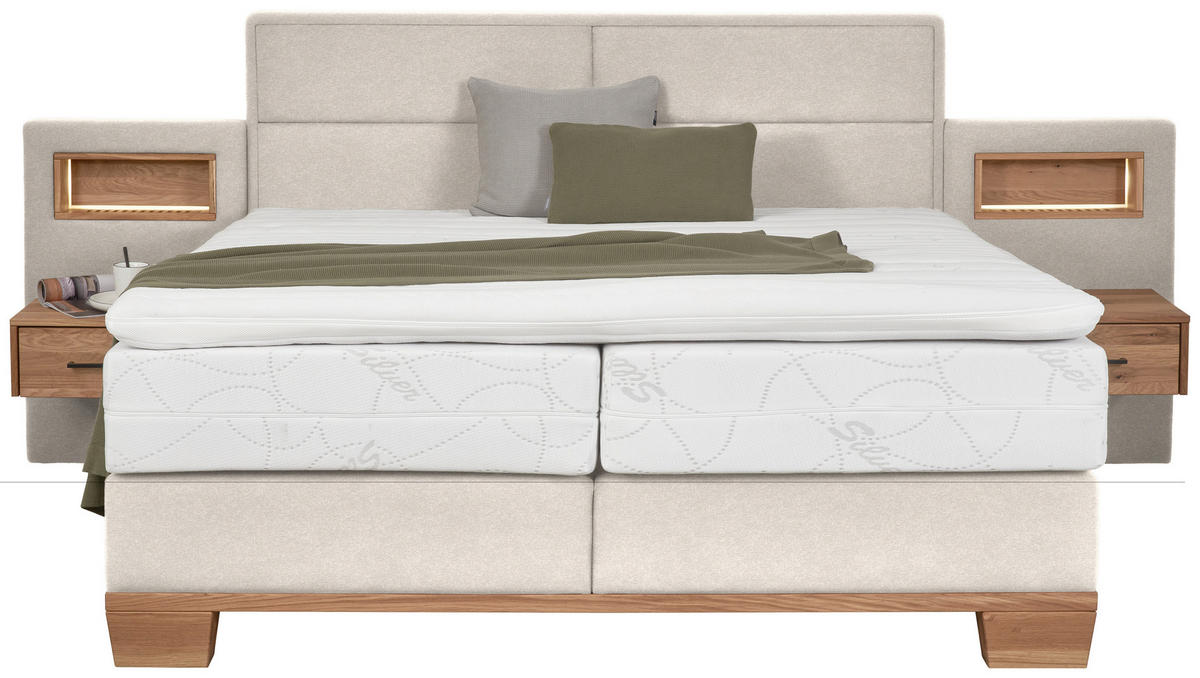 BOXSPRINGBETT 180/200 cm,  in Naturfarben, Eichefarben, Matratze, Topper, unterschiedliche Matratzenhärtegrade je Bettseite, H3 + H4 = fest + sehr fest  - Eichefarben/Naturfarben, Natur, Holz/Textil (180/200cm) - Valnatura