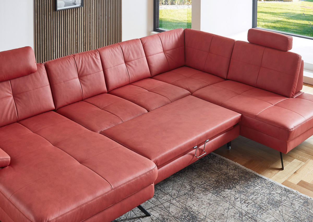 WOHNLANDSCHAFT in Lederlook, Mikrofaser Rot  - Rot/Schwarz, Design, Textil/Metall (179/345/220cm) - Beldomo System