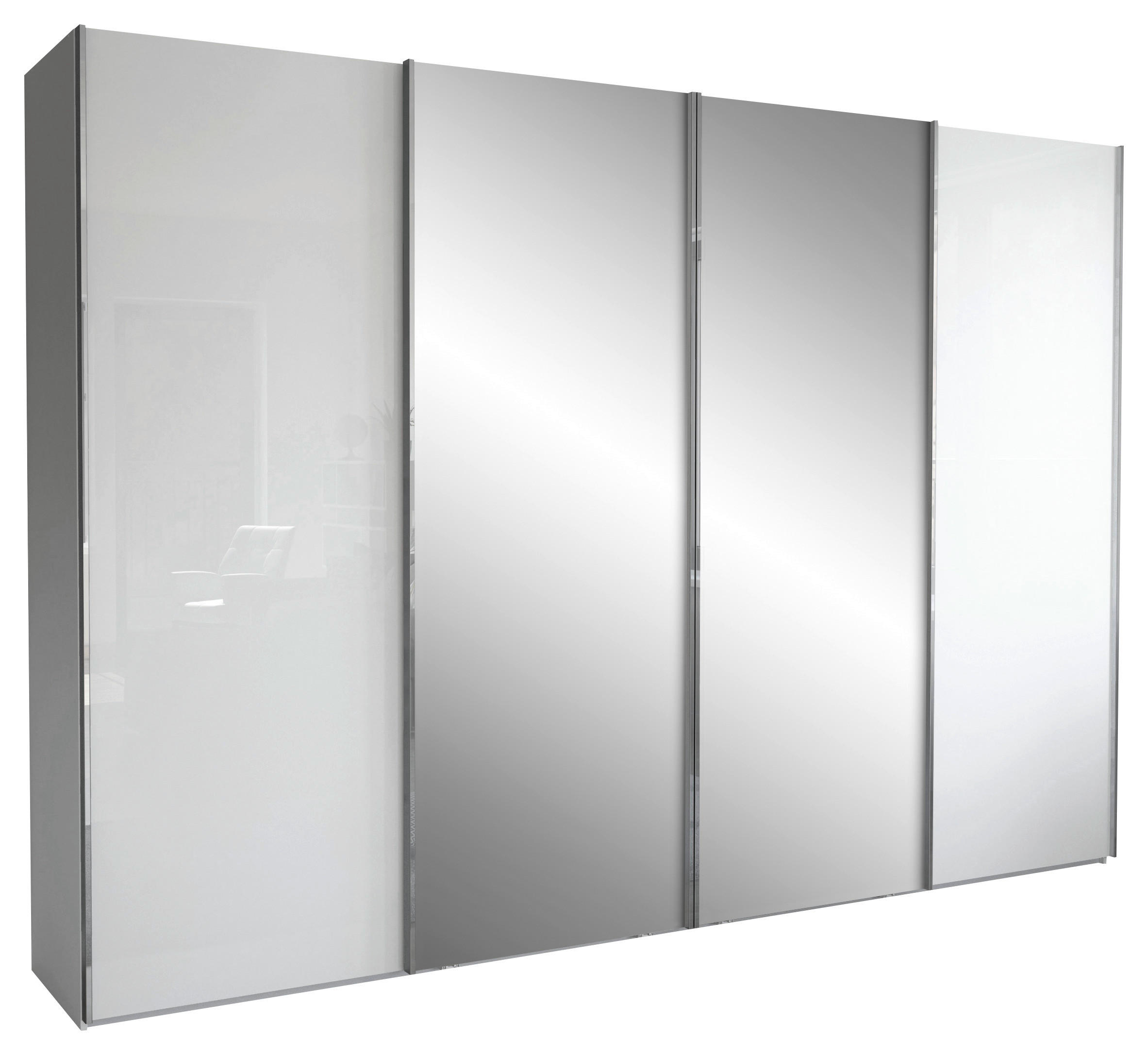 SCHWEBETÜRENSCHRANK 300/217/67 cm 4-türig Grau, Weiß  - Chromfarben/Weiß, KONVENTIONELL, Glas/Holzwerkstoff (300/217/67cm) - Dieter Knoll