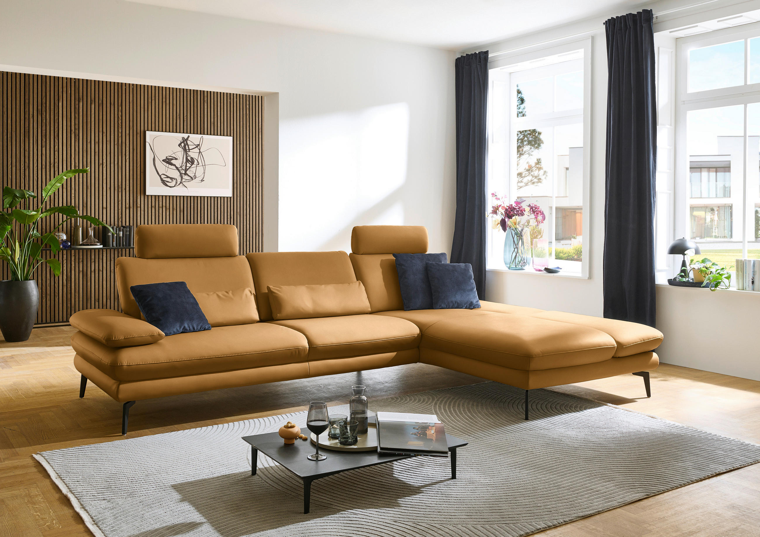 ECKSOFA in Echtleder Currygelb  308/195 cm  - Currygelb/Schwarz, Design, Leder/Metall (308/195cm) - Dieter Knoll