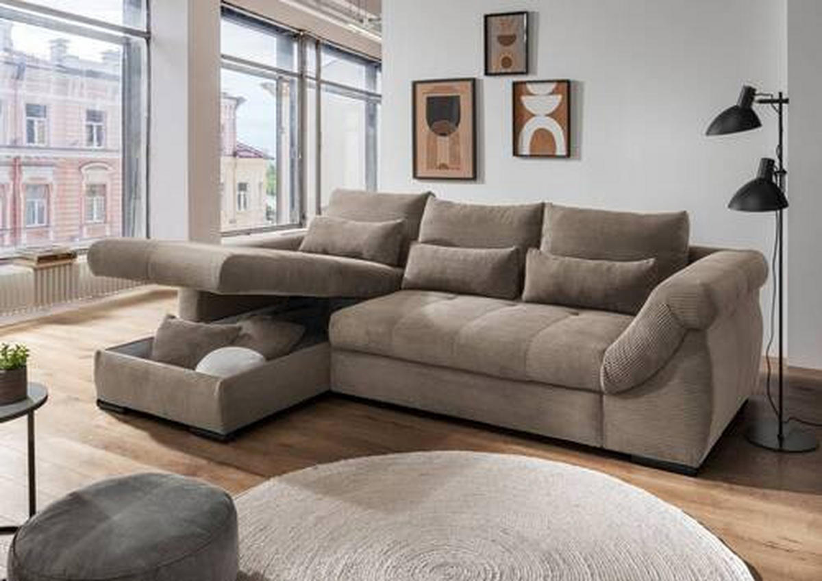 ECKSOFA Graubraun Cord  - Graubraun/Schwarz, MODERN, Holz/Textil (188/302cm) - MID.YOU
