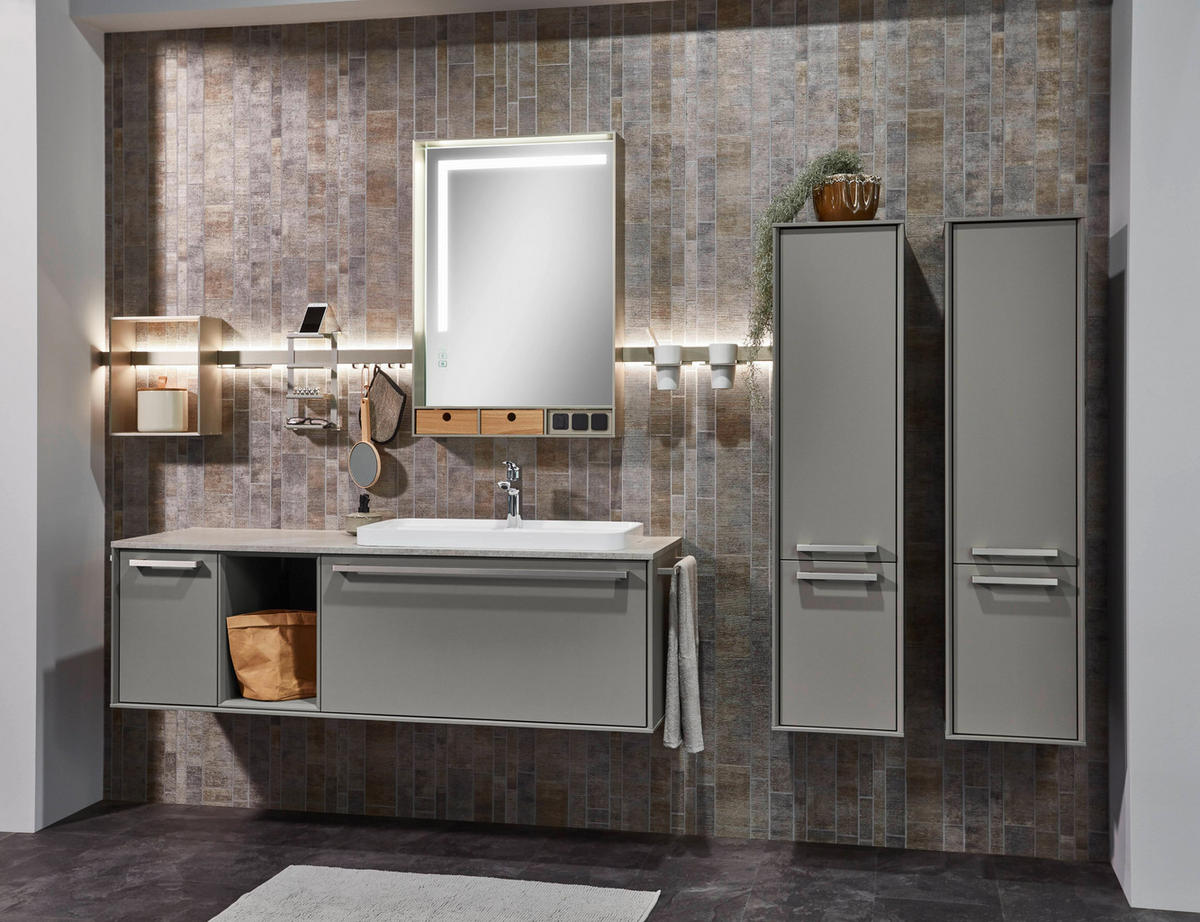 BADEZIMMER 3-teilig  in 81 cm  - Edelstahlfarben/Weiß Hochglanz, MODERN, Holzwerkstoff/Stein (81cm) - Nobilia
