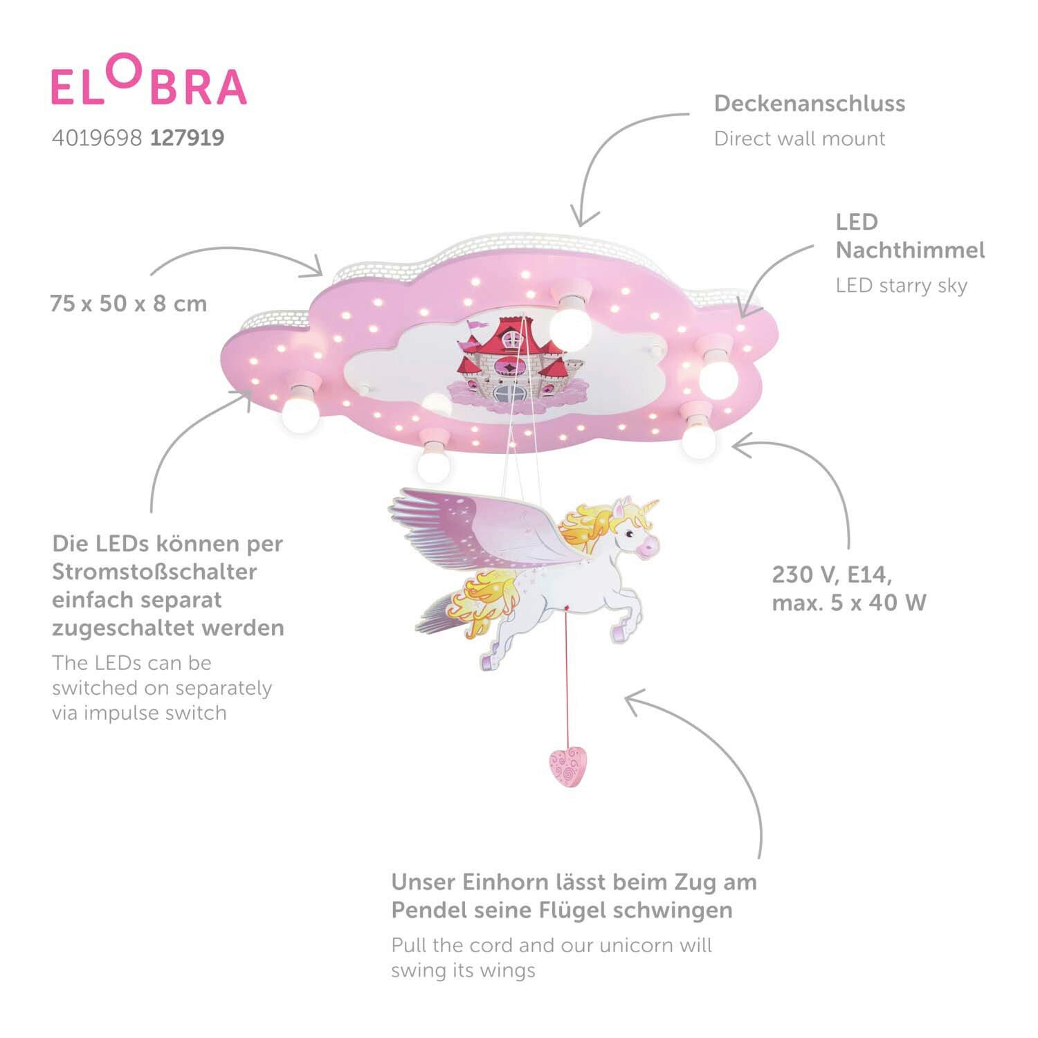 Thumbnail - Kinderdeckenleuchte Schloß/Einhorn, Rosa, Holz, Birke, 75x50x8 cm, 3-fach schaltbar, Lampen & Leuchten, Innenbeleuchtung...