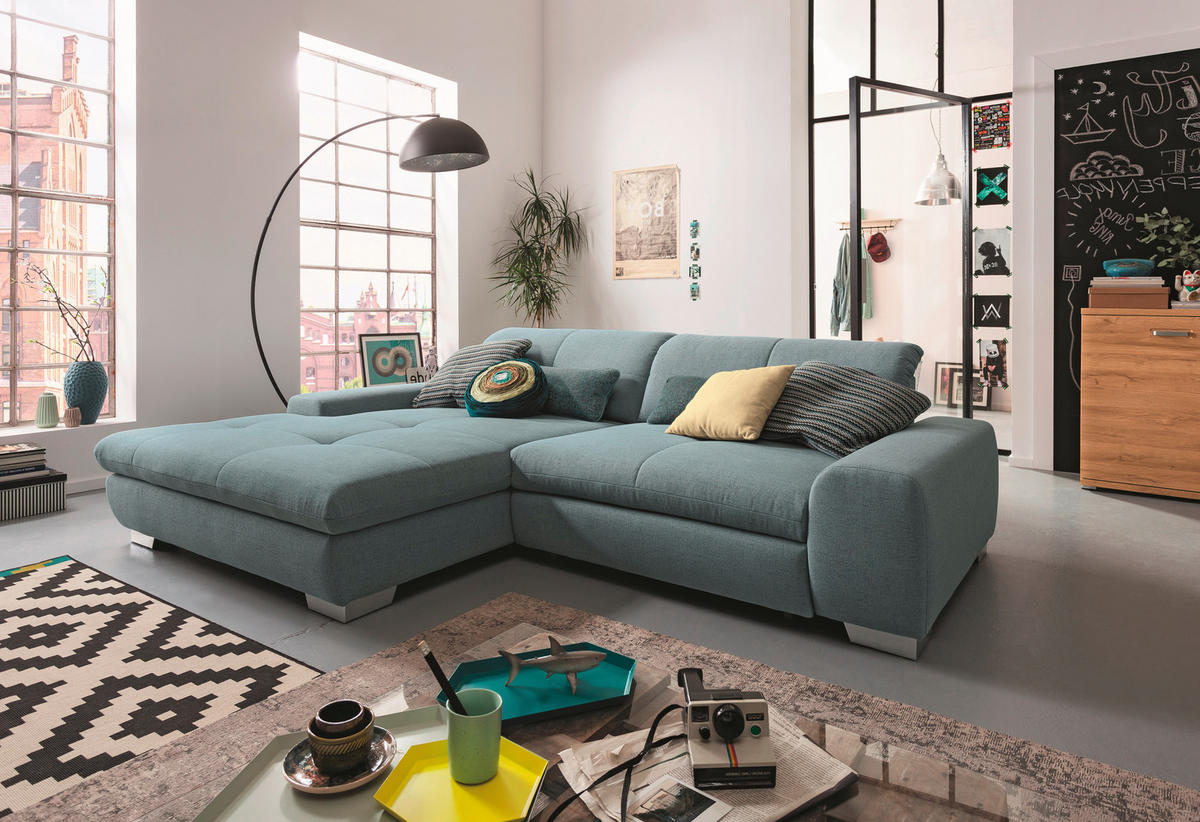 ECKSOFA Hellblau Flachgewebe  - Chromfarben/Hellblau, Design, Textil/Metall (198/276cm) - SetOne by Musterring