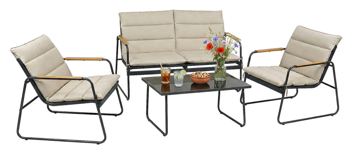 LOUNGEGARNITUR 4-teilig    - Creme/Schwarz, Modern, Glas/Kunststoff - Gardenson