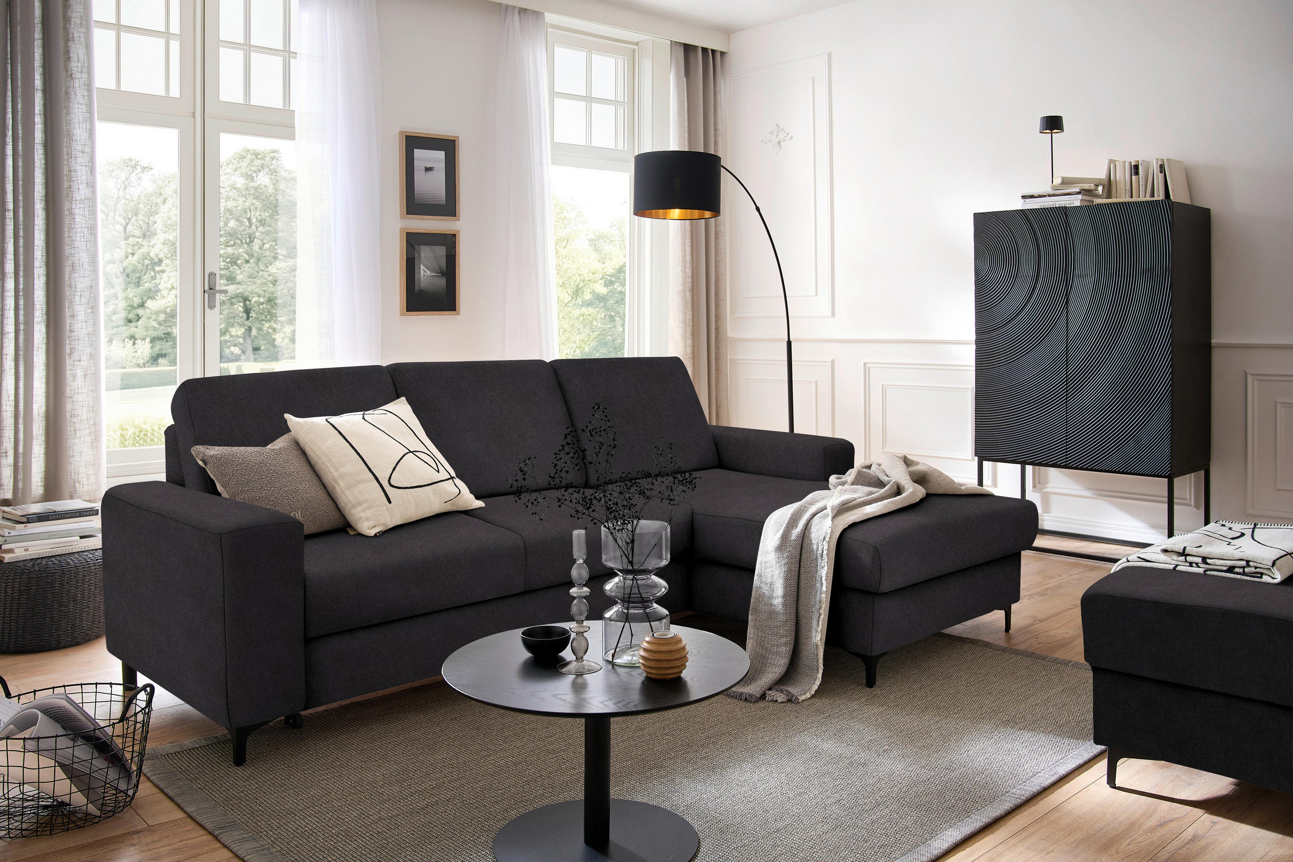 ECKSOFA in Velours Anthrazit  - Anthrazit/Schwarz, Konventionell, Textil/Metall (247/167cm) - Stylife