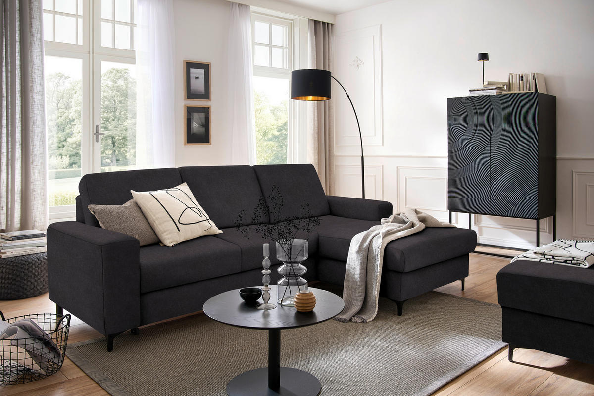ECKSOFA in Velours Anthrazit  - Anthrazit/Schwarz, Konventionell, Textil/Metall (247/167cm) - Stylife