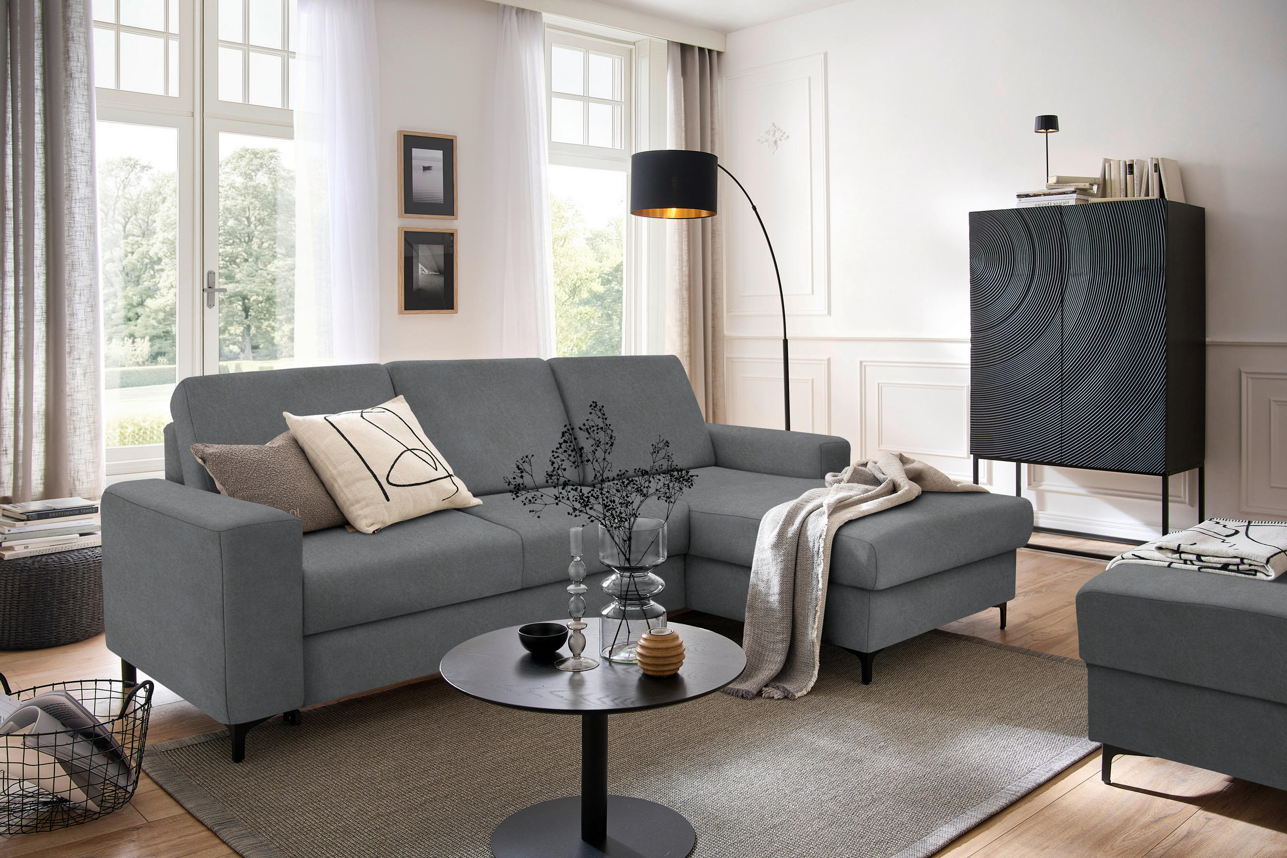 ECKSOFA Grau Velours  - Schwarz/Grau, KONVENTIONELL, Textil/Metall (247/167cm) - Stylife
