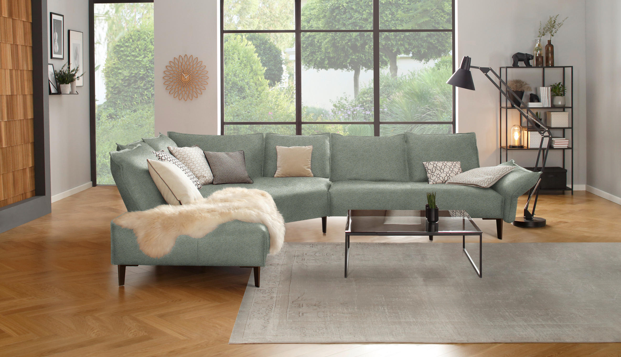 ECKSOFA in Webstoff Salbeigrün  - Salbeigrün/Schwarz, Modern, Textil/Metall (272/340cm) - W.Schillig