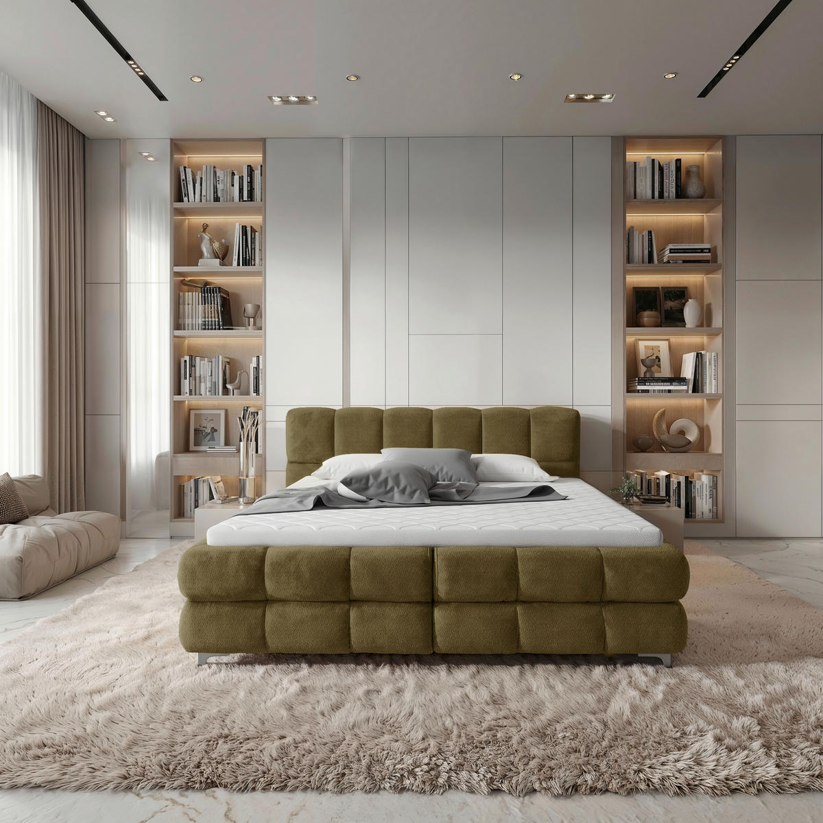 BOXBETT 160/200 cm,  in Olivgrün, gepolstertes Kopfteil, Bettkasten, Topper, H3 + H3 = fest  - Schwarz/Olivgrün, Design, Textil/Metall (160/200cm) - Ti'me