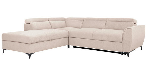 ECKSOFA Creme Velours Bettkasten, Schlaffunktion, Rücken echt, Kopfteilverstellung, Liegefläche im Originalstoff  - Creme/Schwarz, KONVENTIONELL, Textil/Metall (217/255cm) - Carryhome