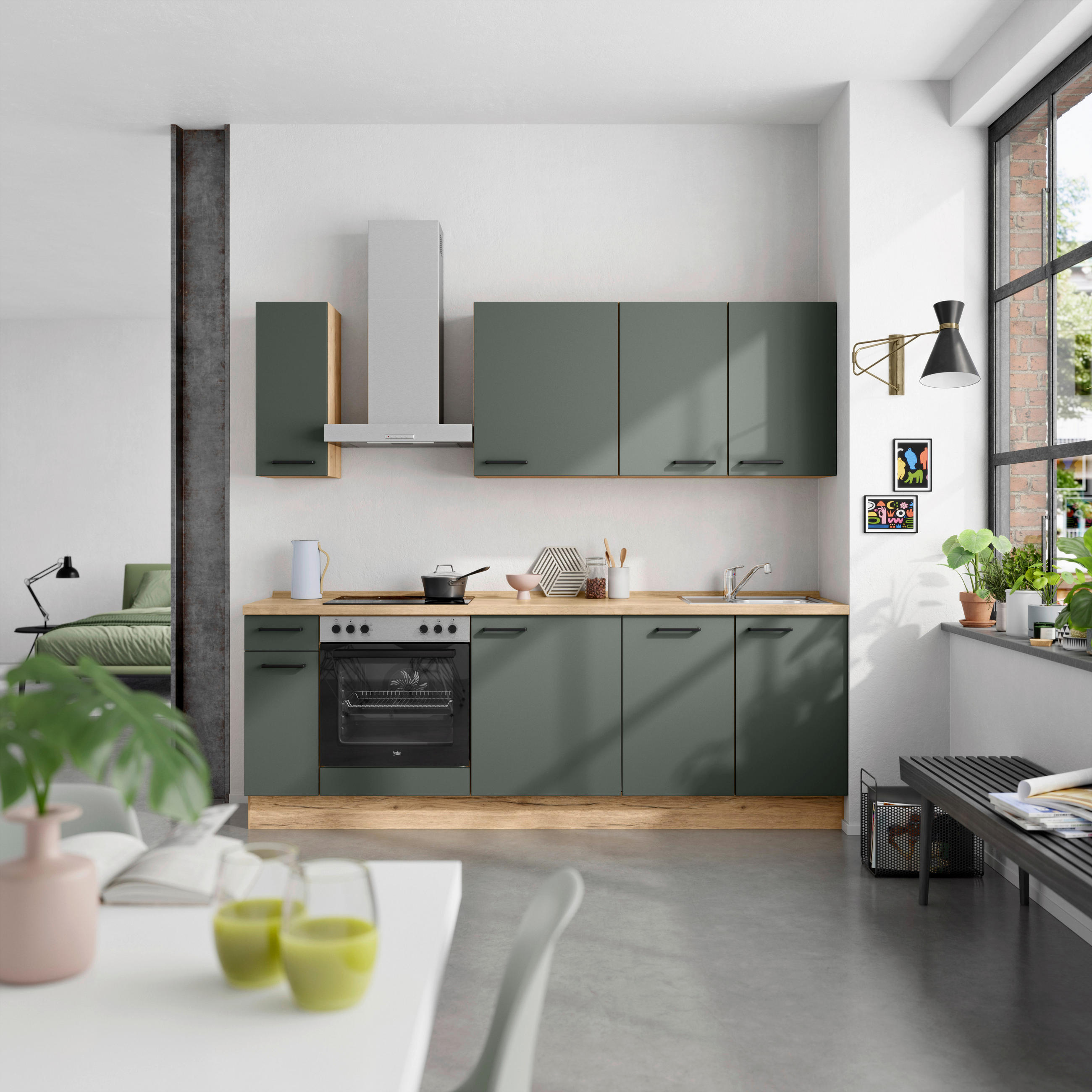 KÜCHENBLOCK 240 cm   in Eichefarben, Dunkelgrün  - Dunkelgrün/Eichefarben, MODERN, Holzwerkstoff/Metall (240cm) - Nobilia