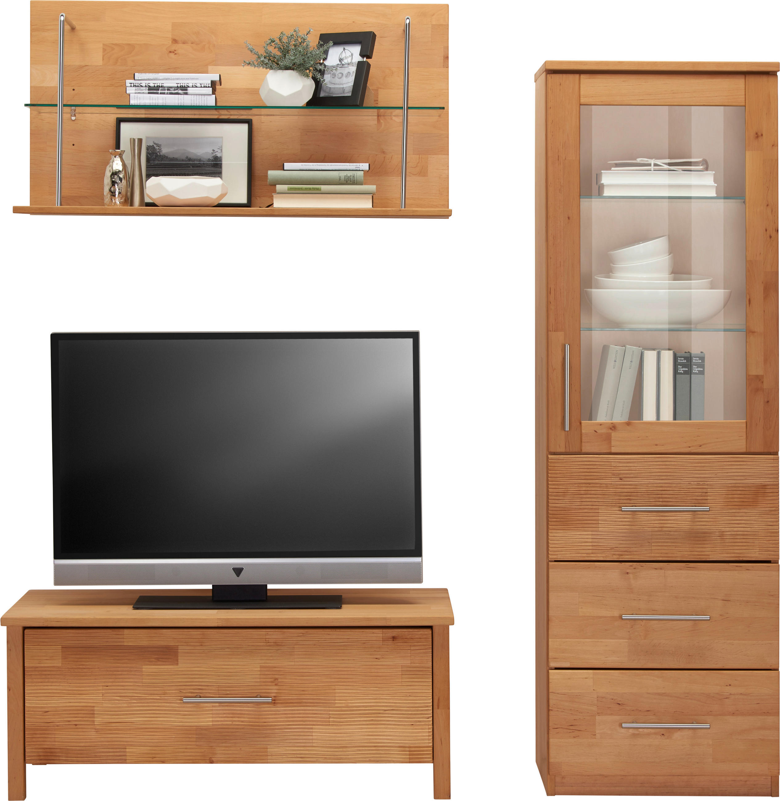 WOHNWAND  in Erlefarben  156/160/46 cm  - Chromfarben/Erlefarben, Natur, Glas/Holz (156/160/46cm) - Linea Natura