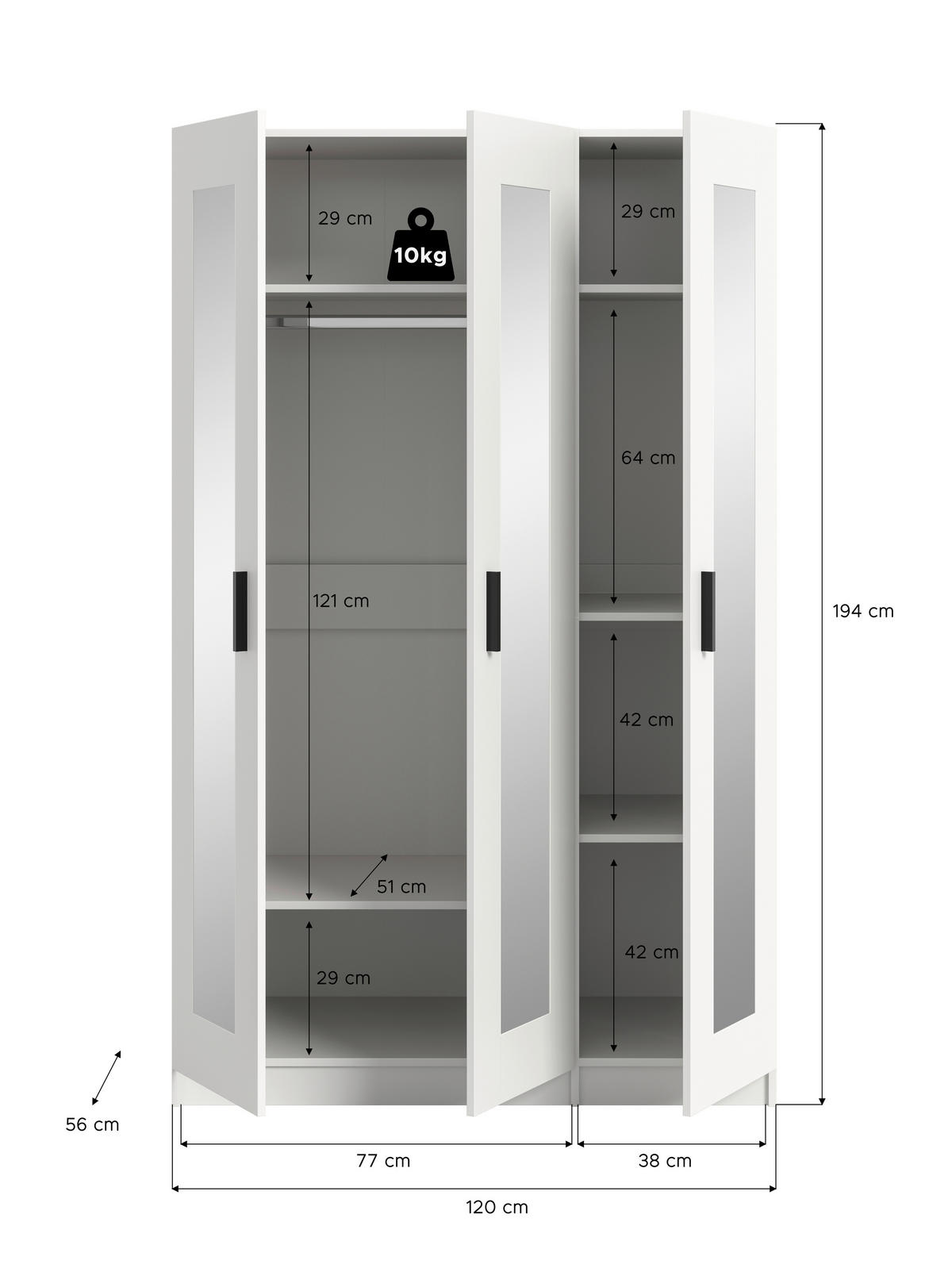 DREHTÜRENSCHRANK 120/195/56 cm,  in Weiß, 3 Tür(en)-türig  - Schwarz/Weiß, ROMANTIK / LANDHAUS, Holzwerkstoff/Kunststoff (120/195/56cm) - Livetastic