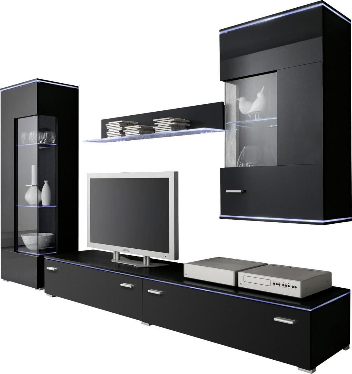 WOHNWAND  in Schwarz  230/148/42 cm  - Silberfarben/Schwarz, Design, Glas/Holzwerkstoff (230/148/42cm) - Livetastic
