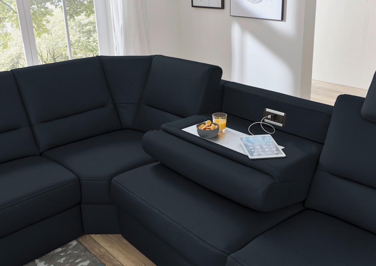 ECKSOFA in Echtleder Dunkelblau  - Beige/Alufarben, Design, Leder/Metall (249/288cm) - Beldomo Premium