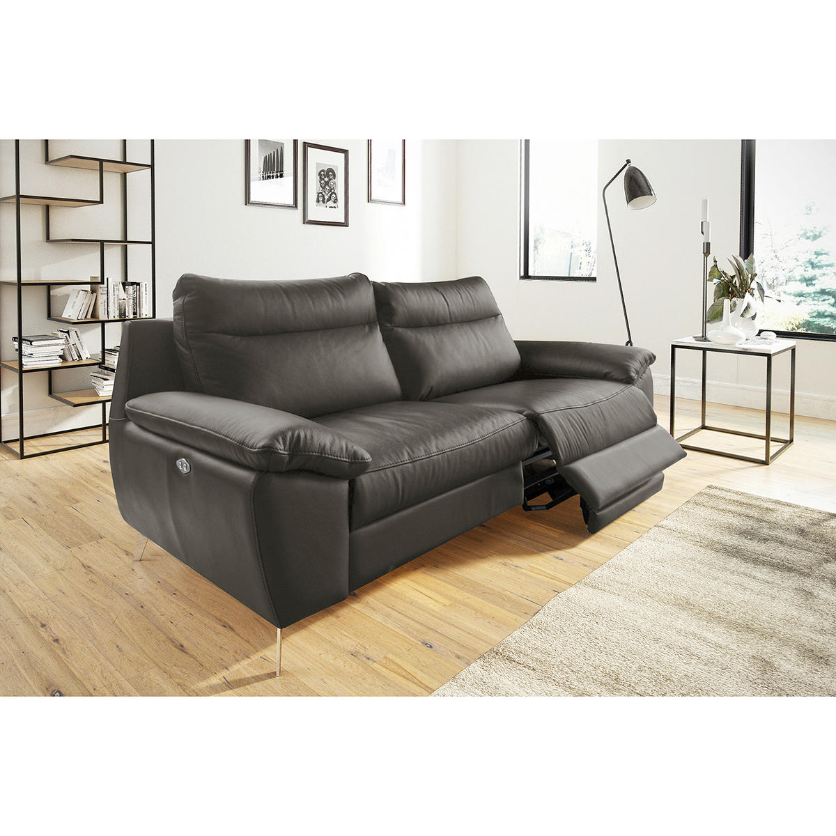 2,5-SITZER 216/95/96 cm PERLE in Echtleder Anthrazit   - Chromfarben/Anthrazit, Design, Leder/Metall (216/95/96cm) - Livetastic
