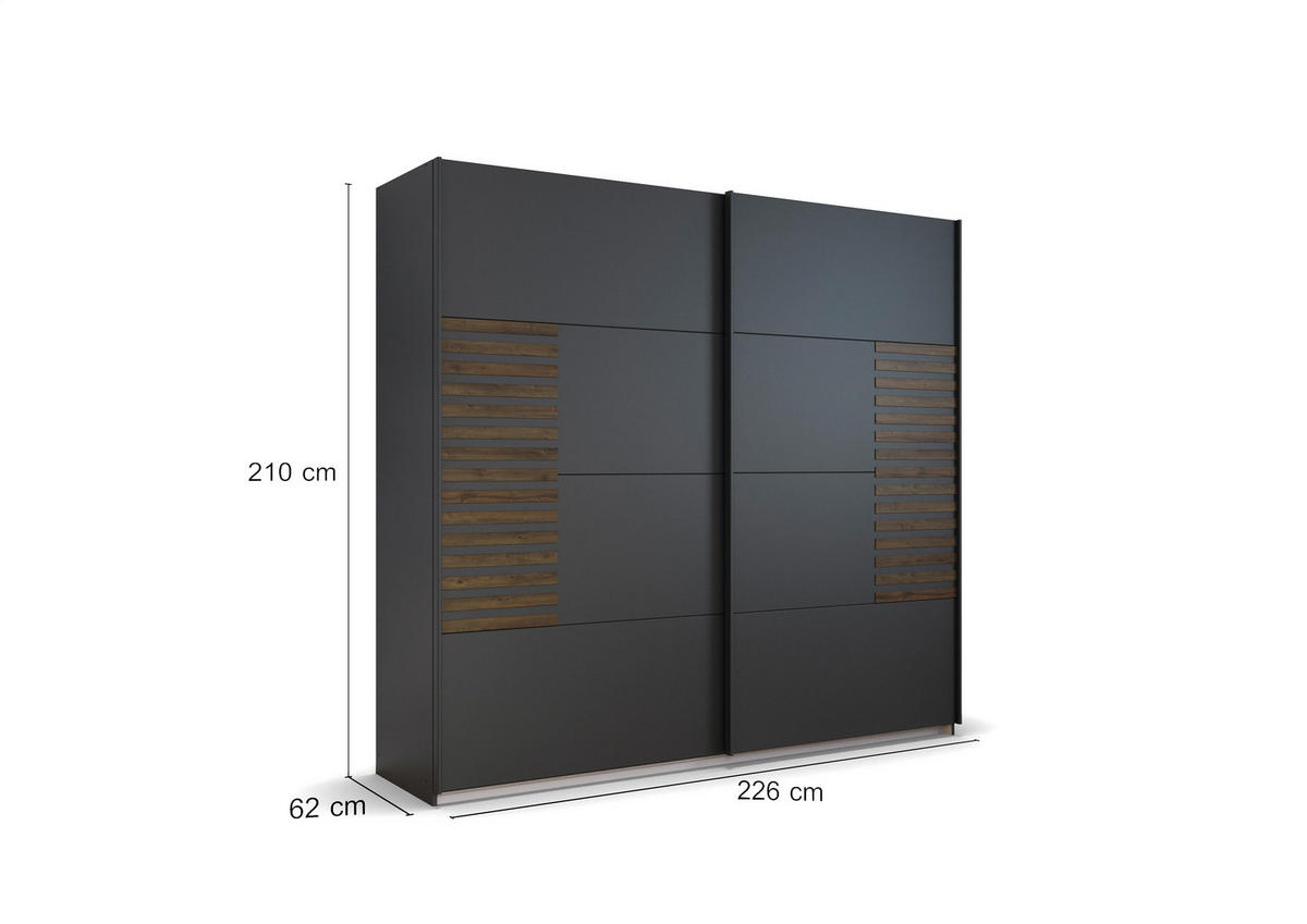 GARDEROB MED SKJUTDÖRRAR 226/210/62 cm 2-dörrar - mörkgrå/mörk ek, Modern, metall/trämaterial (226/210/62cm) - Rauch Möbel