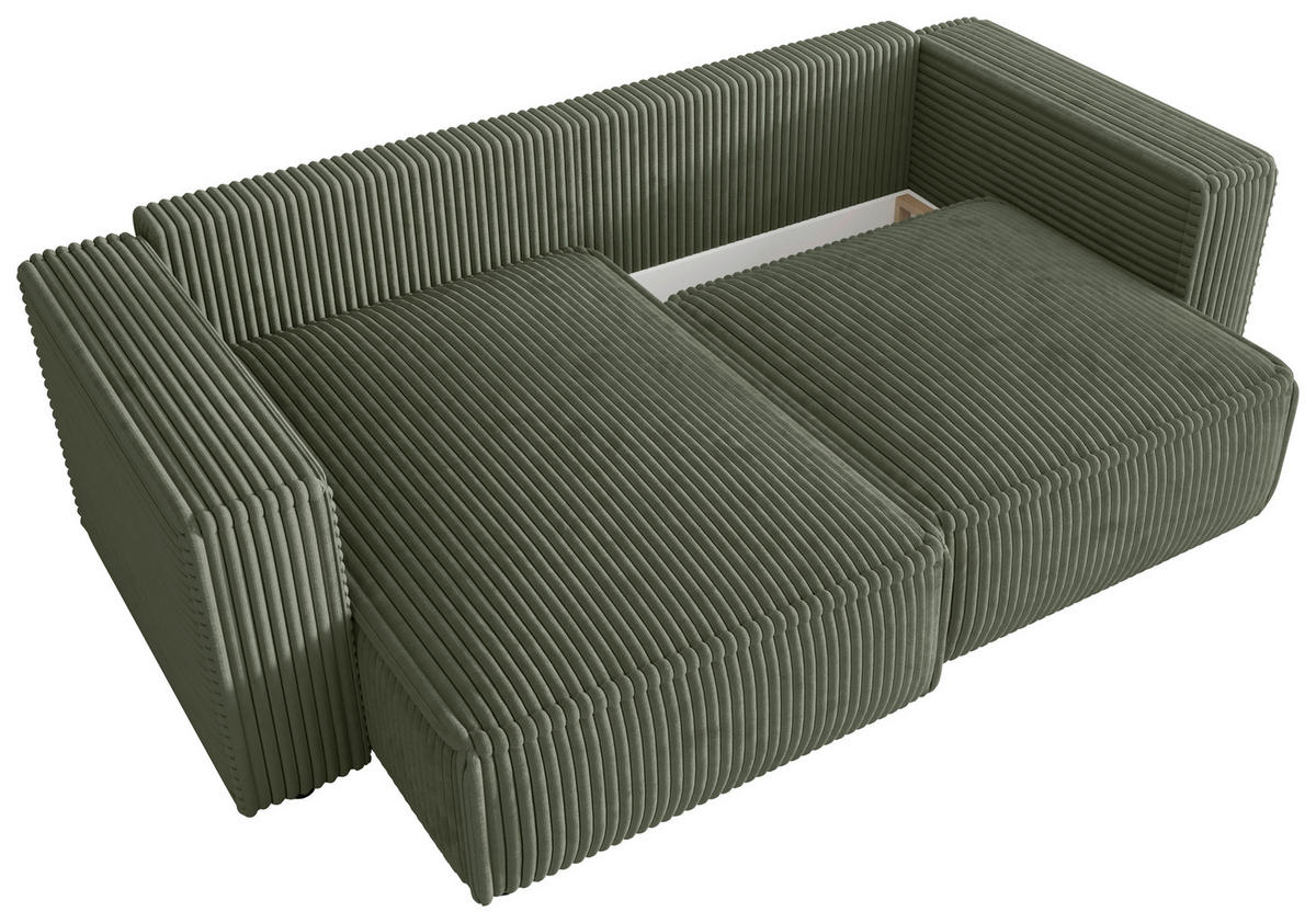 ECKSOFA Olivgrün Cord Zierkissen, Rückenkissen, Schlaffunktion, Rücken echt  - Schwarz/Olivgrün, MODERN, Kunststoff/Textil (153/250cm) - Xora