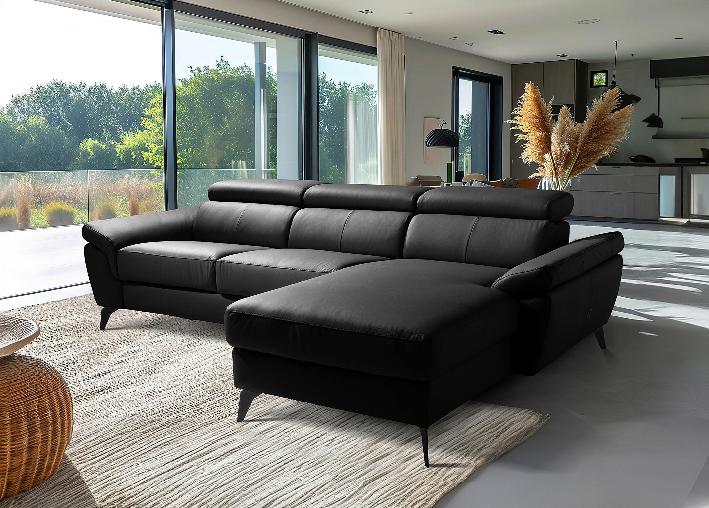 ECKSOFA  in Lederlook Echtleder Schwarz  - Schwarz, Design, Leder/Textil (252/179cm) - Livetastic