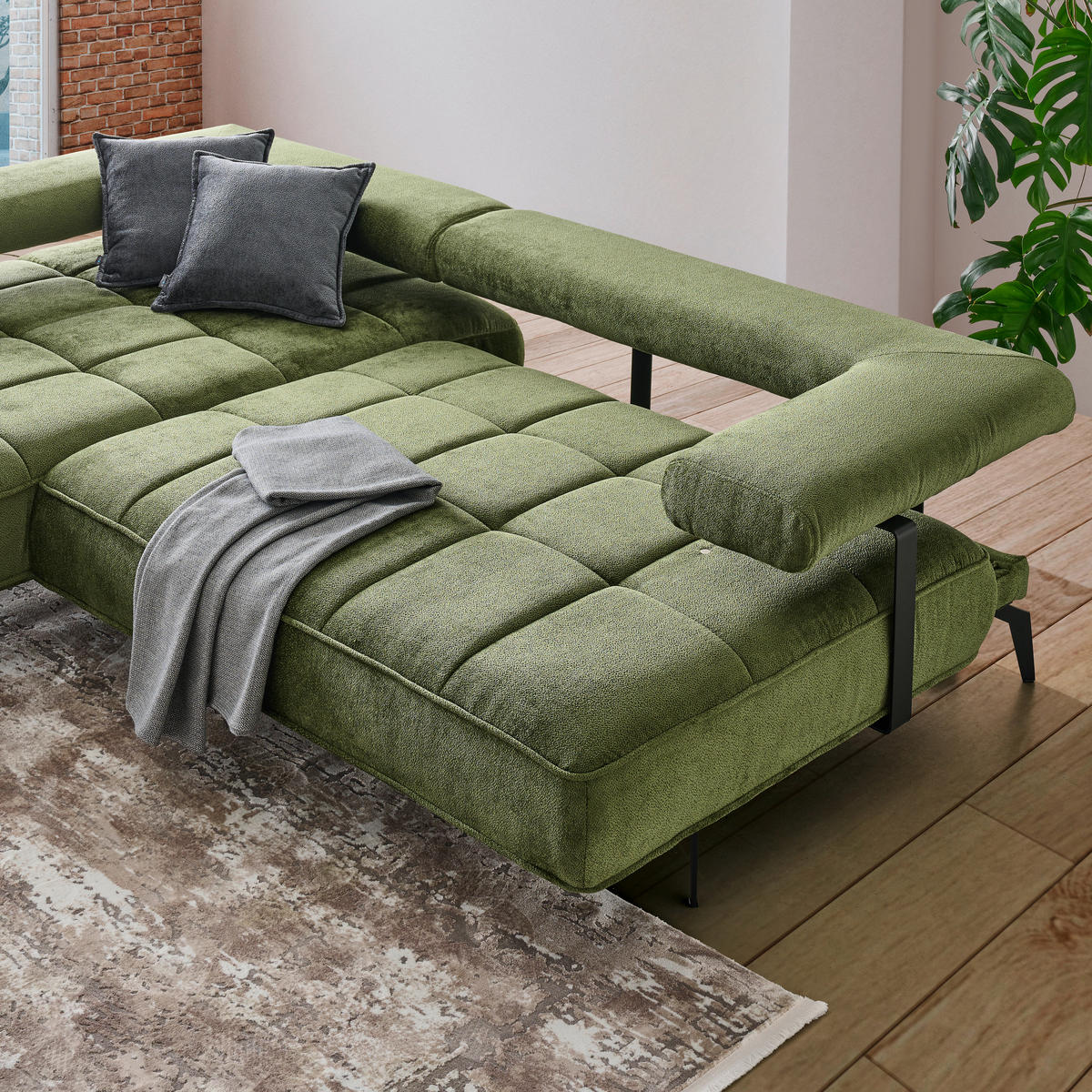 ECKSOFA in Webstoff Olivgrün  180/266 cm  - Schwarz/Olivgrün, Design, Textil/Metall (180/266cm) - Welnova
