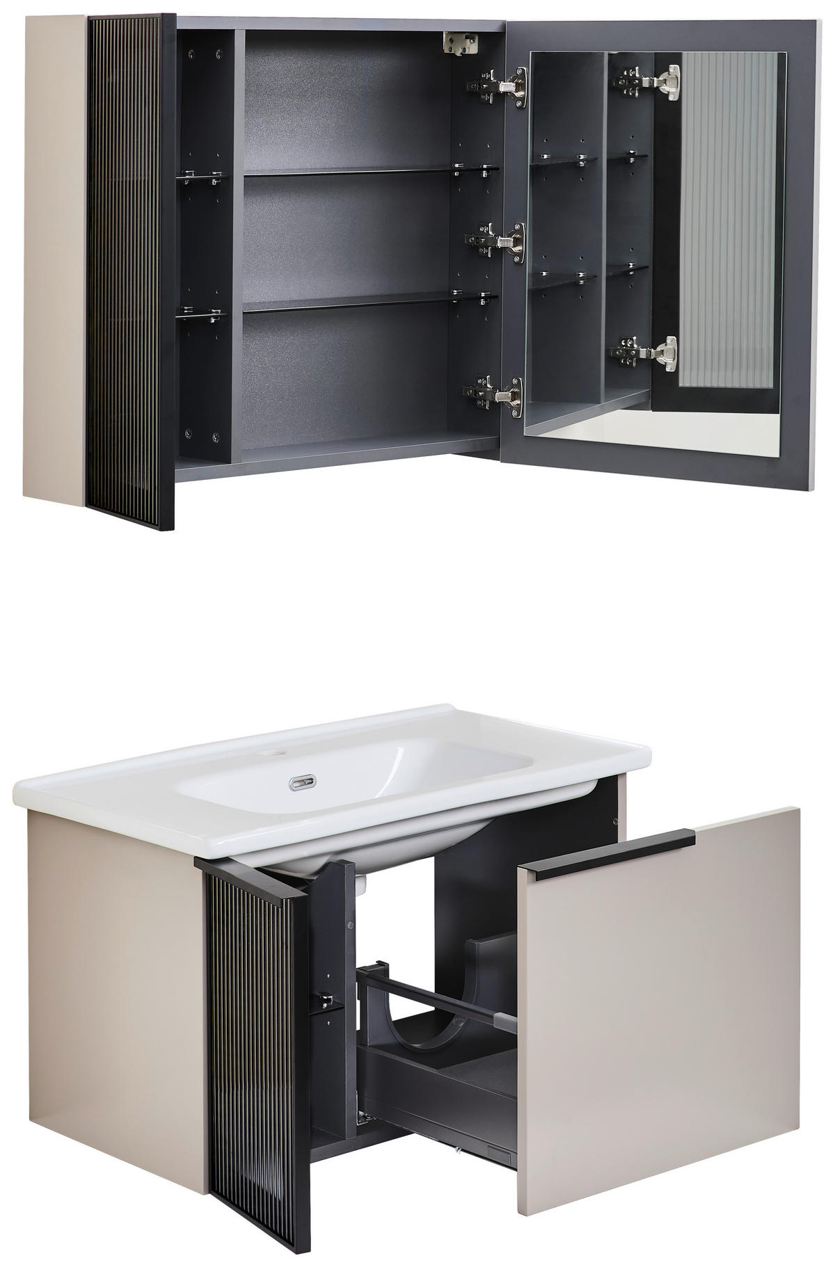 BADEZIMMER 3-teilig  in  - Weiß Hochglanz/Beige, MODERN, Glas/Holz (80/114/45cm) - MID.YOU