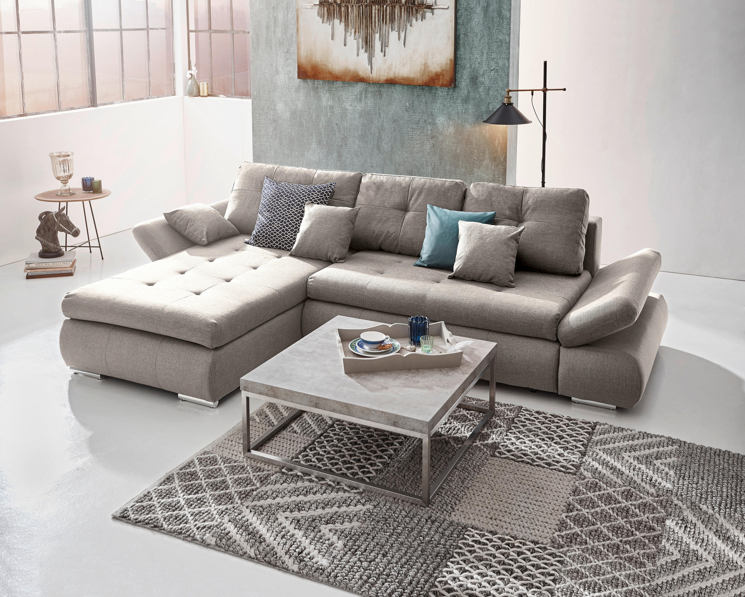 ECKSOFA in Webstoff Beige  - Chromfarben/Beige, Design, Kunststoff/Textil (302/187cm) - Carryhome