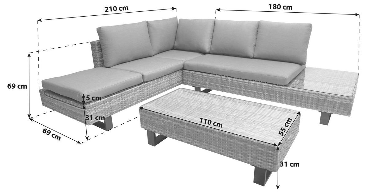 LOUNGEGARNITUR 3-teilig   Aluminium  - Klar/Schwarz, Basics, Glas/Kunststoff - Gardenson