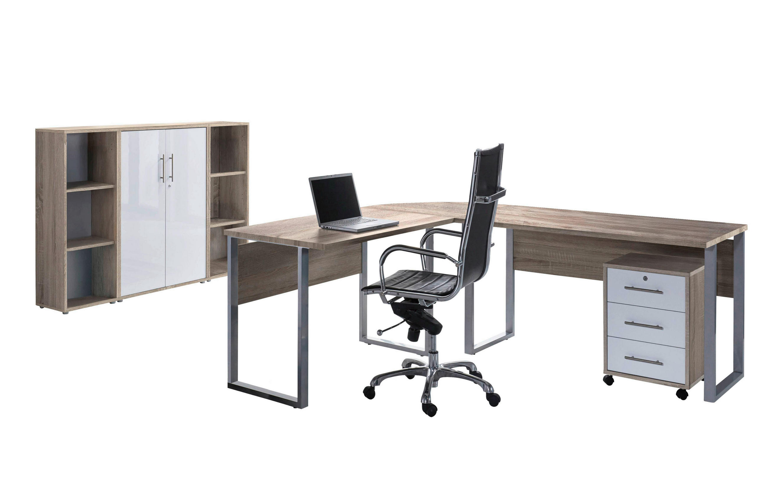 BÜRO erweiterbar, in verschiedenen Holz-Dekoren erhältlich, Schreibtisch seitenverkehrt montierbar, abschließbar Sonoma Eiche, Weiß Hochglanz - Weiß Hochglanz/Sonoma Eiche, MODERN, Holzwerkstoff - MID.YOU