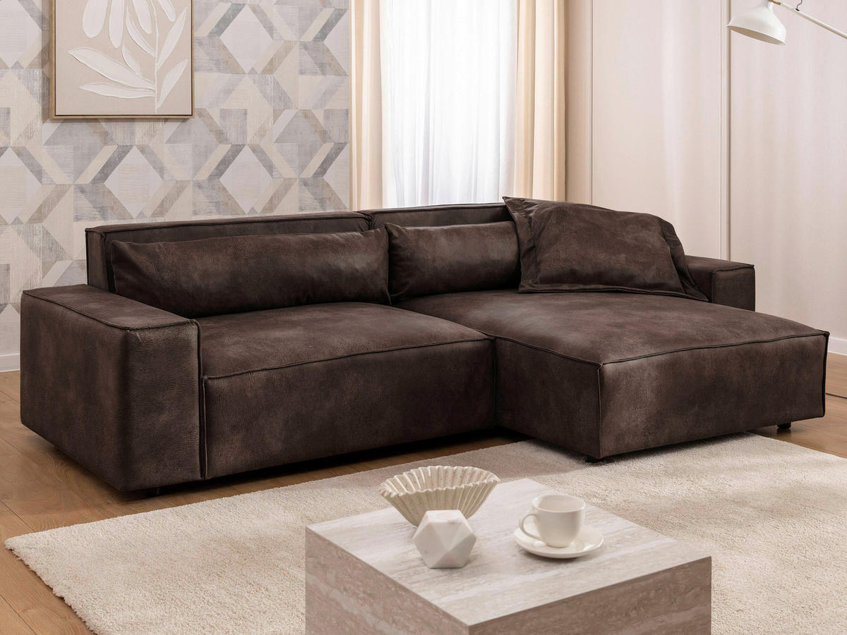 ECKSOFA Curduroy in Lederlook Dunkelbraun Rückenkissen  251/142 cm  - Dunkelbraun/Schwarz, Design, Kunststoff/Textil (251/142cm) - P & B